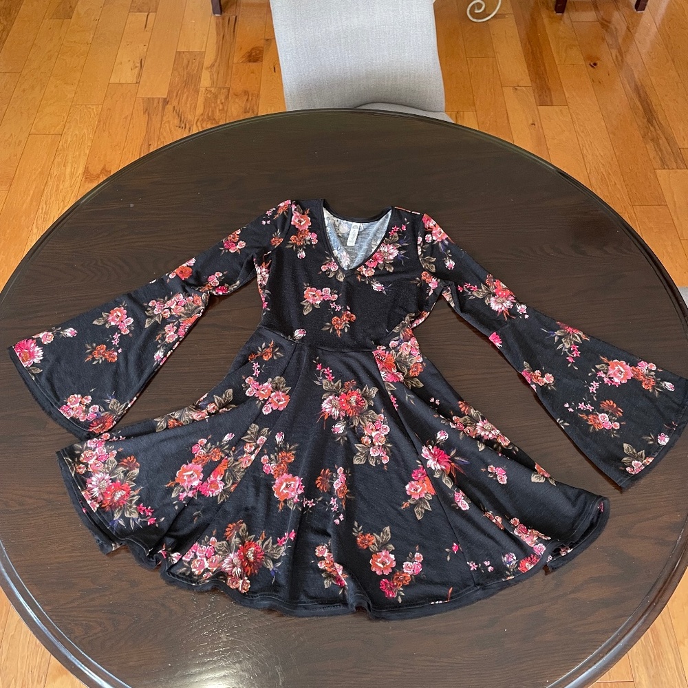 Flared Sleeve Black Dress with Floral Details